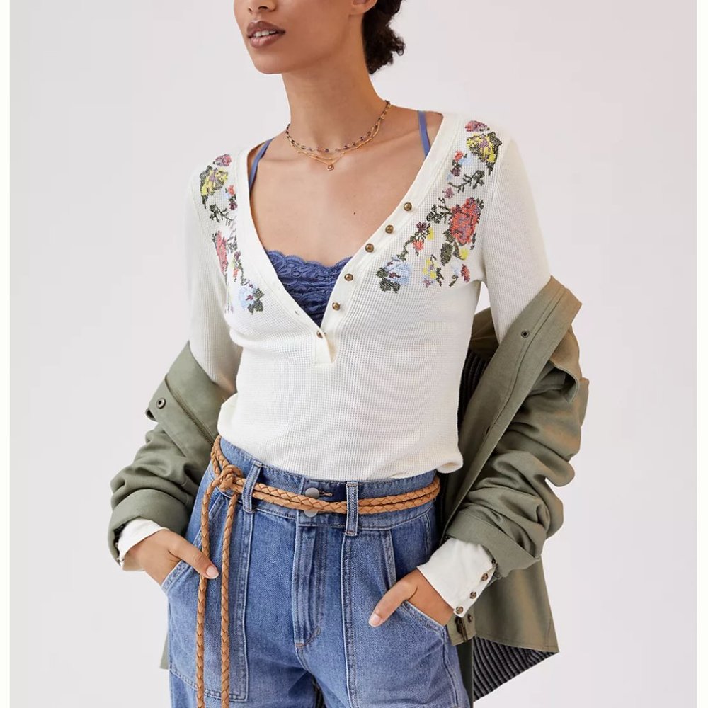 Anthropologie Pilcro Waffle Henley Top - Ivory